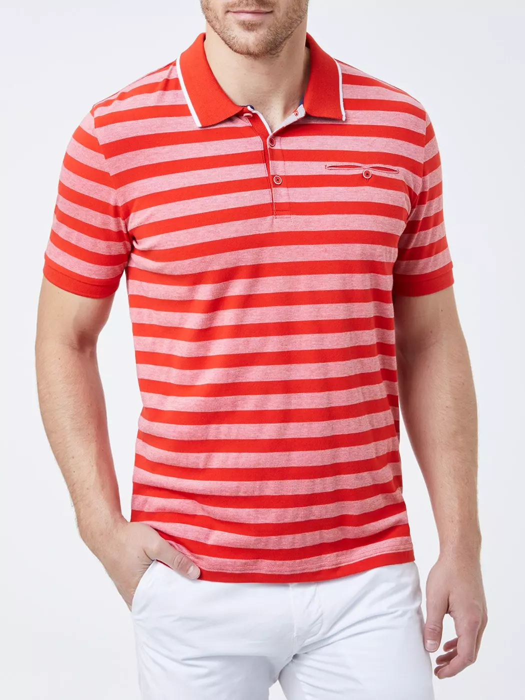 PIERRE CARDIN POLOSHIRT KORTE MOUW ROOD GESTREEPT