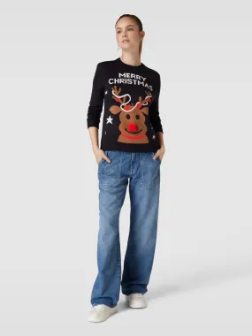 Only Gebreide pullover met motiefdetail, model 'XMAS DEER' in marineblauw