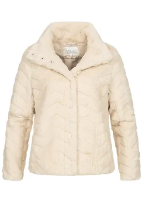 VILA Damen NOOS Kunstfelljacke mit Stehkragen 2-Pockets Strukturstoff birch beige