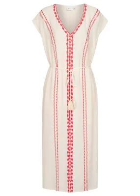 VILA Dames Viscose Jurk met gehaakte bies en ceintuur beige rood